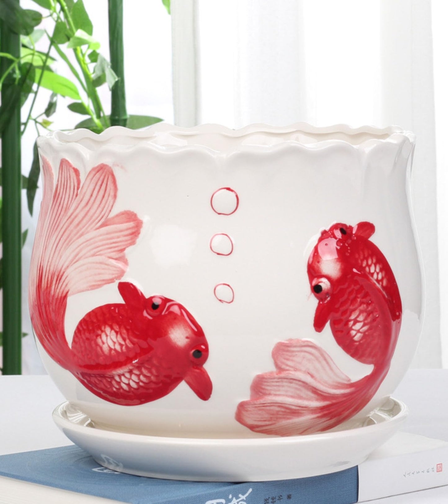 Brother Yixiu Ceramic Home/Garden Modern Flower Planter Pot with Saucer/Tray - Outside Red Fish Design,Meaning More Than Enough Year After Year (Like a Fish in Water)