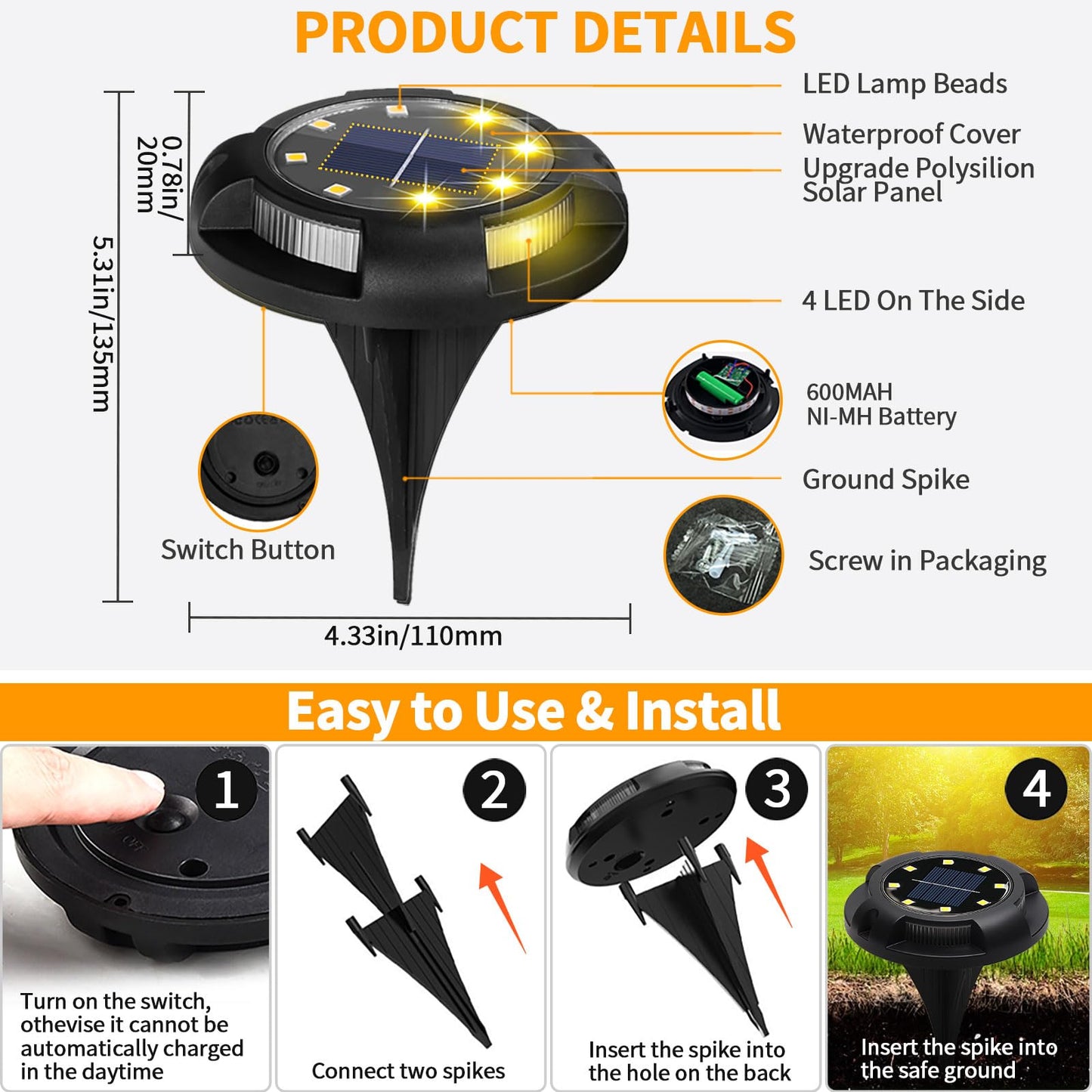 ANKUNABA Solar Ground Lights, 8 Pack 12 LED Solar Disk Lights Outdoor Waterproof In-Ground Landscape Lighting for Garden Pathway Yard Lawn Patio Deck Driveway Walkway Outside Decor (Warm White)