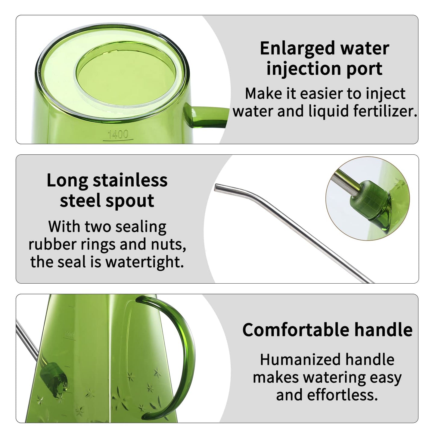 Goowin Watering Can Indoor Plants, 47 oz Long Spout House Plant Flower Watering Can, Creative Wide Opening Plastic Watering Can with 16 oz Spray Bottle & 8.5 oz Squeeze Bottle, Green
