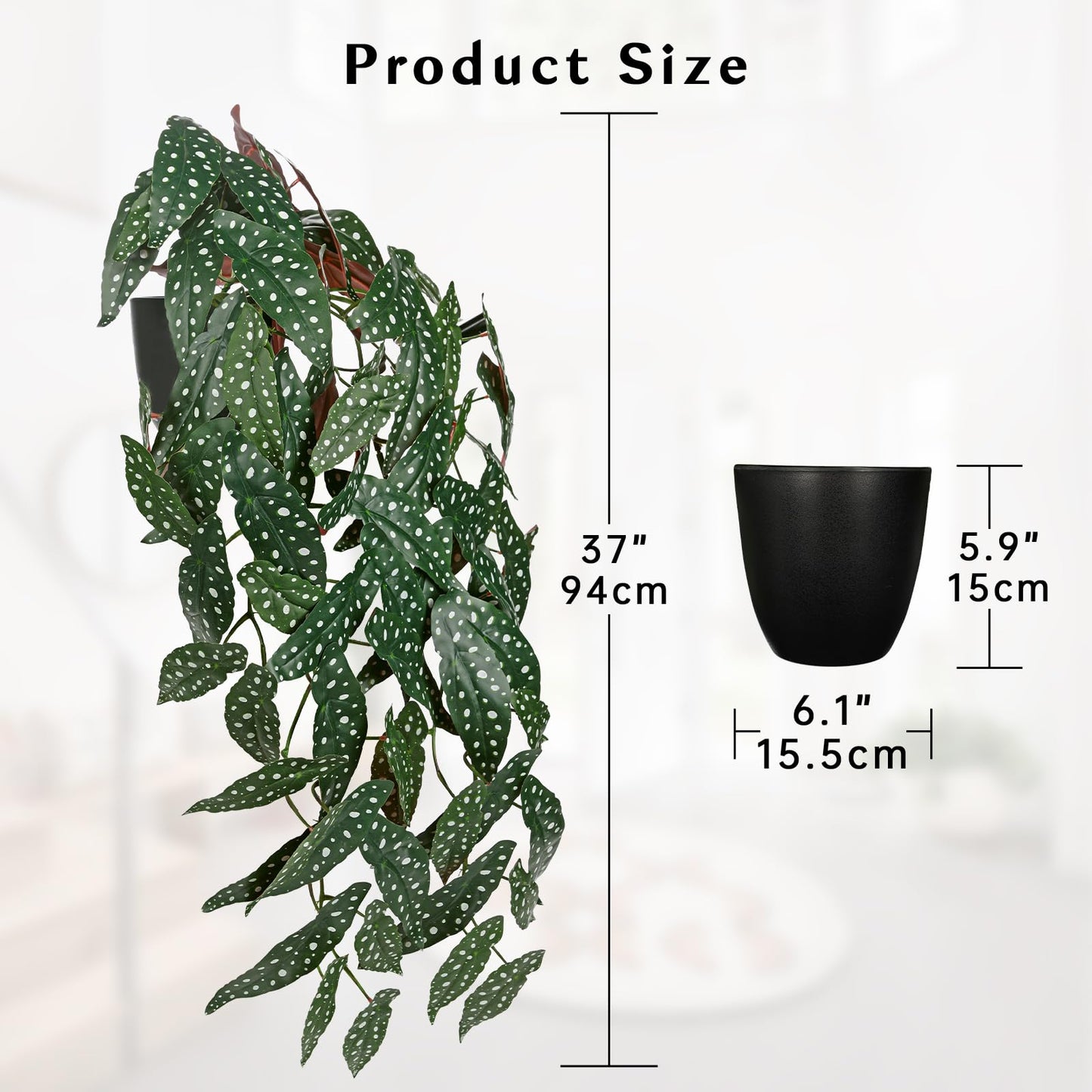 Large Fake Hanging Plants in Pot with Hook, 37" Artificial Hanging Begonia Vines Plants, Fake Potted Tropical Plants for Room Wall Living Room Bathroom Kitchen, Big Faux Ivy Houseplants for Shelf