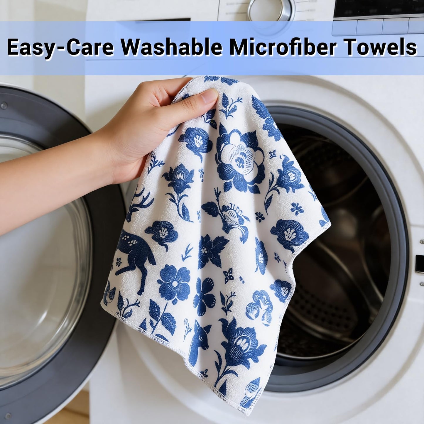 YUA Microfiber Cleaning Cloth 12 Pack,Microfiber Towels Cleaning,Microfiber Towels for Cars,Absorbent Dish Washing Cloth,Reusable Cleaning Cloths Lint Free (Blue Floral Deer)