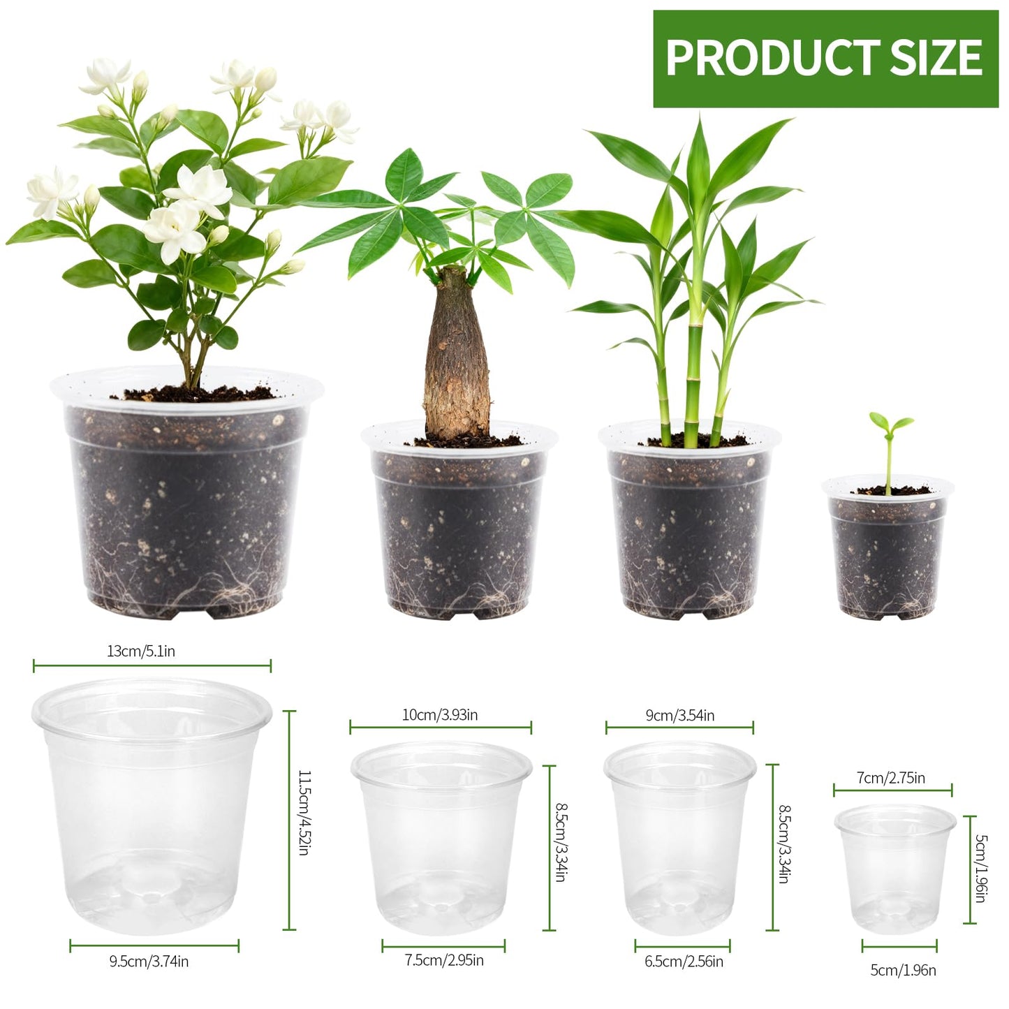 40 Pcs Seed Starter Pots Kit 2.5/3.5/4/5 Inch Clear Nursery Pots for Plants for Seedlings,Succulents,Plastic Nursery Pots with Drainage Holes (10 of Each Size),Garden Pot for Outdoor Indoor (Size A)