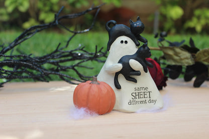 Blossom Bucket Halloween Ghost with Black Cats and Pumpkin Figurine, Same Sheet Different Day Design