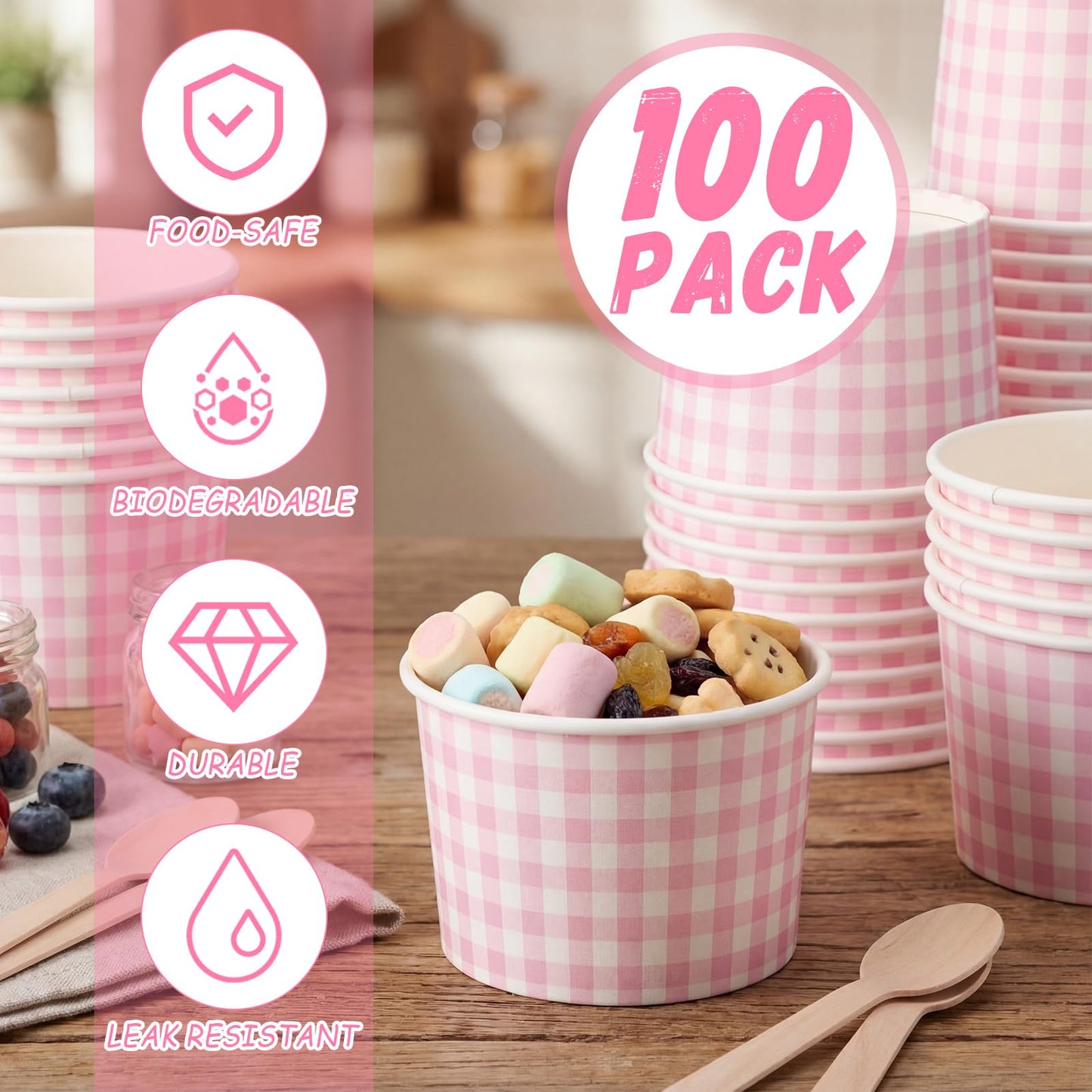 Nuanchu 100 Pack 9 oz Gingham Treat Snack Cups Pink and White Checkered Disposable Paper Cups for Dessert Ice Cream Bowls for Snacks Soup Hot Cold Food Wedding Birthday Baby Shower Decorations
