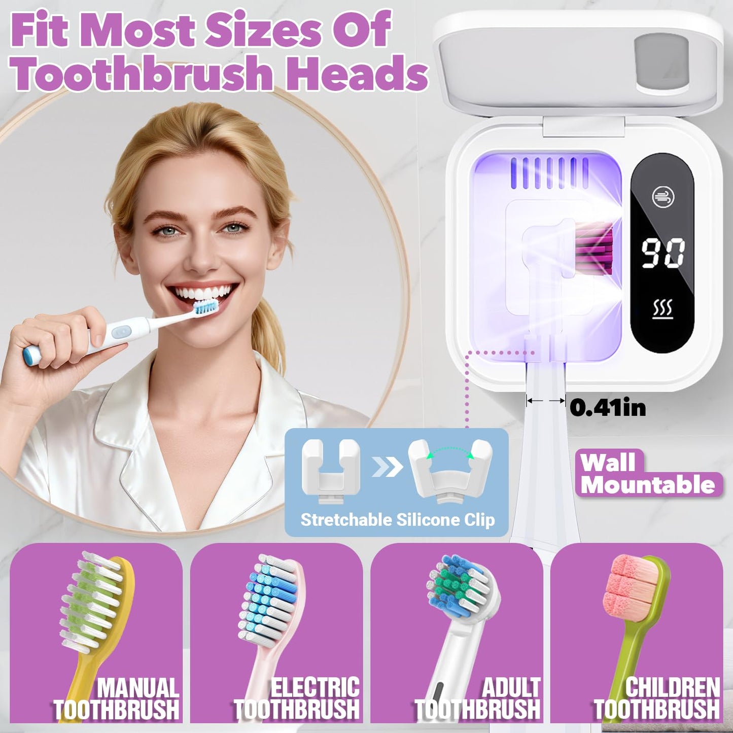 Toothbrush Sanitizer Case and Holders, DRMXBU Wall Mounted Toothbrush Holder with LED Screen, Rechargeable Travel Toothbrush Cleaner Case with Light Air Dry, Tooth Brush Covers for Bathrooms (White)