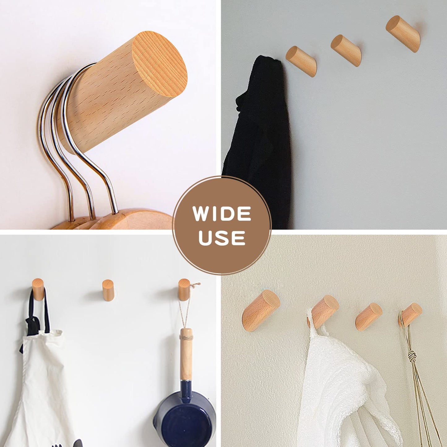Felidio Wood Wall Hooks, 3 Pack Rustic Coat Hook Wall-Mounted, Decorative Hooks for Hanging Coats Hats Towels Robes Hat Rack for Wall (Beech Wood)