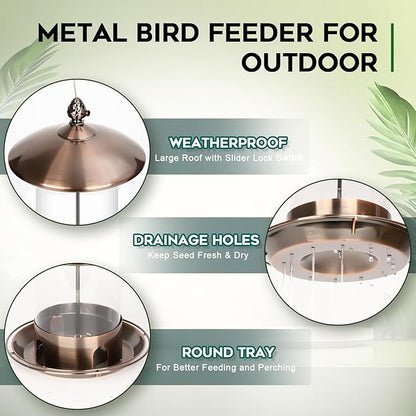 Gbekery Metal Bird Feeders for Outdoors Hanging, Weather Resistant Wild Bird Feeder with 360 Degree Feeding Tray, Copper