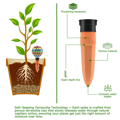 SAVENNA Mosaic Plant Watering Globes with Terracotta Spikes, 17oz Glass Self Watering Globes for Indoor & Outdoor Potted Plants, Decorative Water Drippers, Set of 2