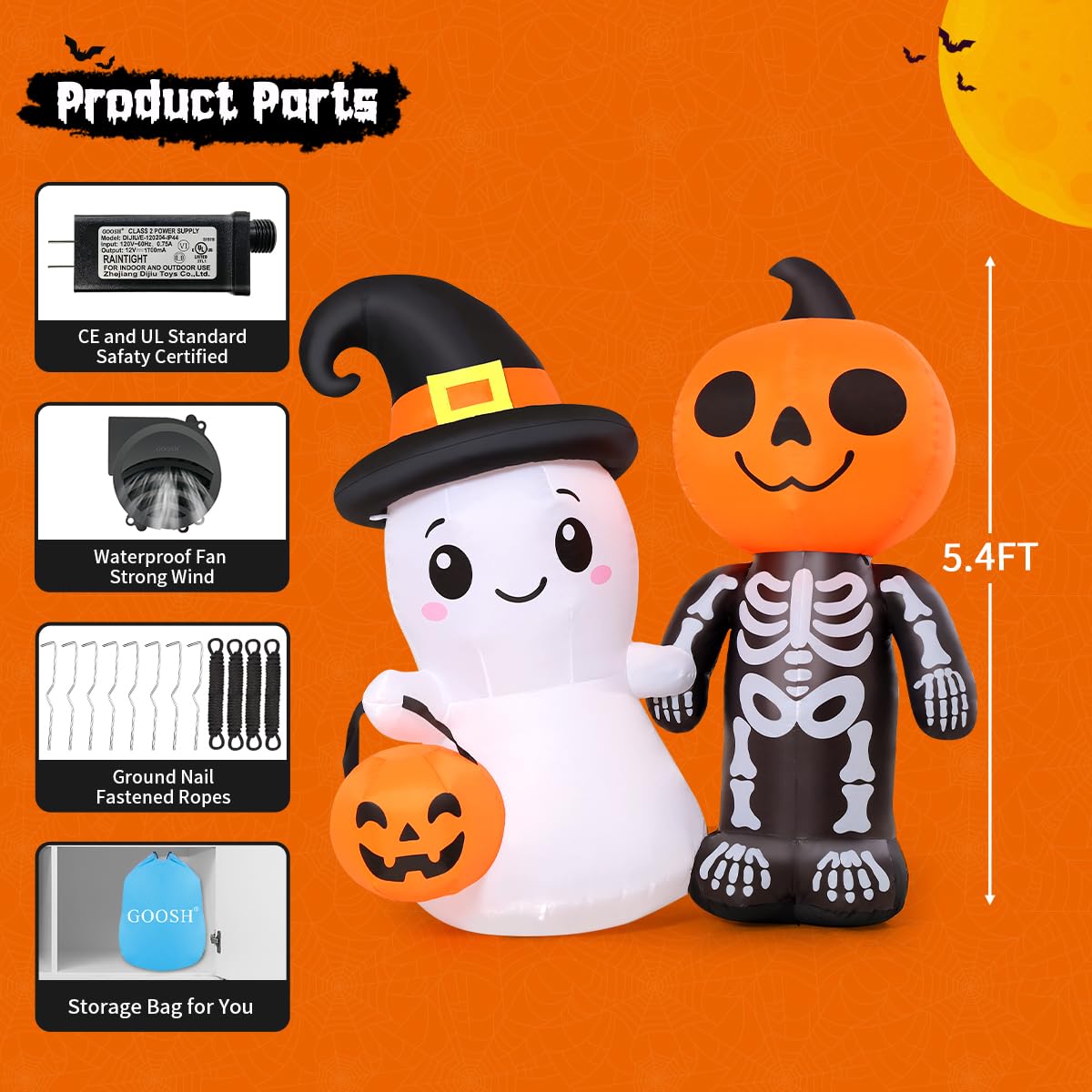 GOOSH 5.4FT Halloween Inflatables Outdoor Decoration Blow Up Yard Cute Ghost and Skull Pumpkin with Built-in LEDs for Indoor Party Garden Lawn Holiday Decor