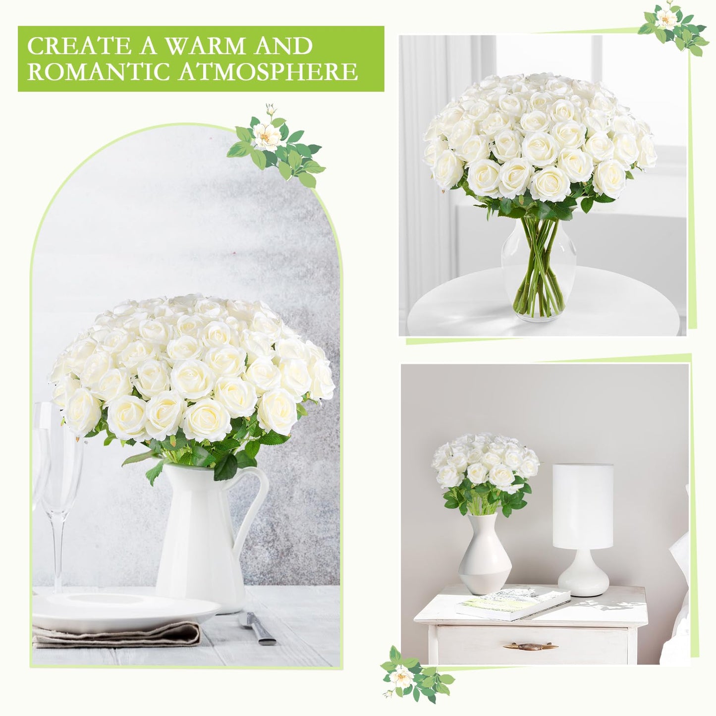 Hananona 50 Pcs Artificial Roses in Bulk, Fake Velvet Silk Roses Realistic Rose for Wedding Centerpieces Flower Arrangement Home Decor (50, White)