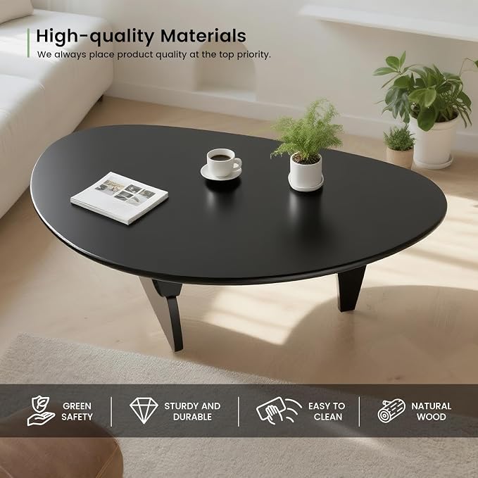 Solid Wood Triangle Coffee Table,Unique Mid Century Modern Oval Coffee Table,Irregular Geometric Tea Tables for Home Living Room with Wooden Tabletop and Reinforced (Black, 33" L x 24" W x 16" H)