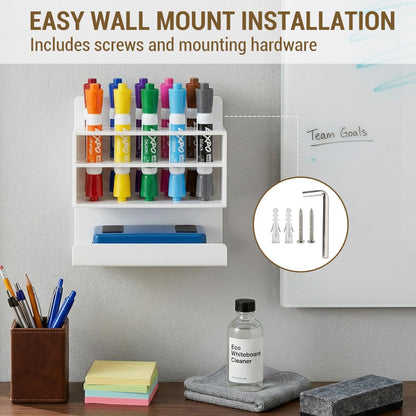 MyGift Dry Erase Marker Holder 10 Slots Whiteboard Marker Holder For Wall Dry Erase Eraser Holder Wall Mount White