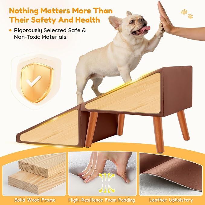 17" H Dog Stairs for Small Dogs – 4-Step Non-Slip Dog Ramp for Couch, Foldable 2-in-1 Pet Stairs & Ottoman, Upgraded Pet Steps for Puppies, Senior Dogs & Injured Pets, Solid Wood Frame (Brown)