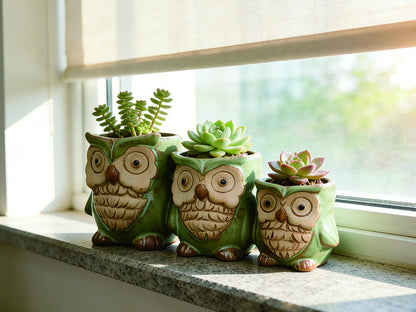 Giafiny Cute Owl Planter, Small Funny Succulent Pots, Unique Decorative Animal Statue Ceramics Plant Pot for Indoor/Outdoor Home Office with Drainage, Owl Gifts for Women Mother Teacher, Three Owls