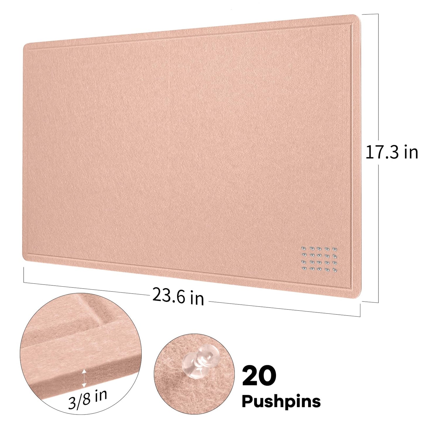 Lightomorrow Bulletin Board, 24 x 18 inches Felt Board Decorative Pin Board, Cork Board Alternative for Wall, Foldable Photo Board Self-Adhesive Vision Board Mood Board with 20 Pushpins - Mauvey Pink