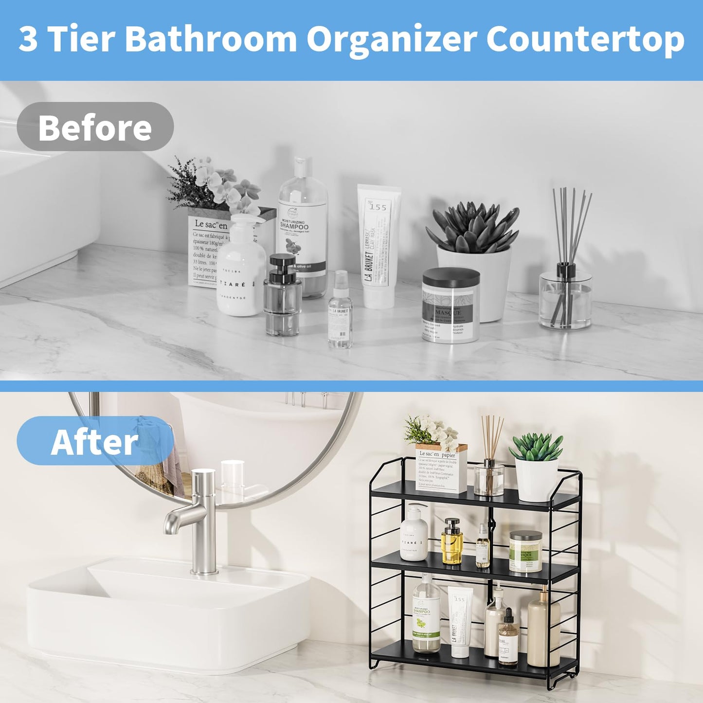 MAYZOLOP Bathroom Counter Organizer, Makeup Organizer Countertop, Countertop Storage Shelf for Bathroom Storage, Vanity, Large Skincare, Perfume, Black 3 Tier