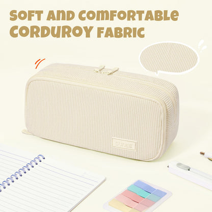SUNEE Pencil Case, Large Capacity Pencil Pouch, Aesthetic Big Pen Bag, Soft Corduroy Fabric Pen Box for Office Stationery Organizer School Supplies Multifunctional for Teen Boys Girls Women Men, Cream