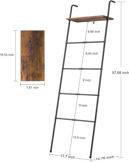 Blanket Ladder 5 Layer Wall-Leaning Blanket Rack with Shelf Decorative Blanket Ladder Shelf Metal Leaning Towel Ladder Rack for Blankets or Quilts for Living Room Bathroom Rustic Black