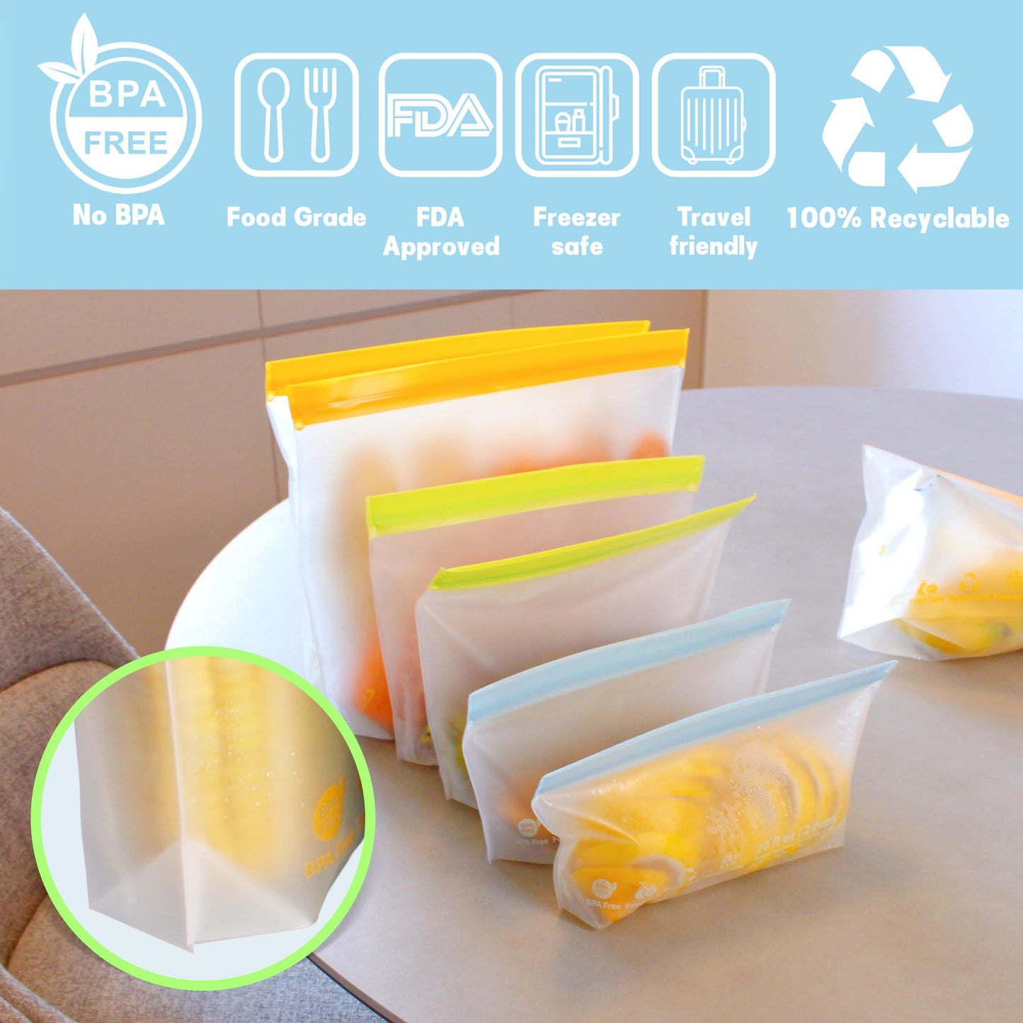 24 Pack Reusable Food Storage Bags,Leakproof Freezer Bags BPA Free Stand Up Sandwich Bags for Lunch Salad Fruit Travel,Dishwasher Safe(8 Gallon,8 Sandwich,8 Snack)