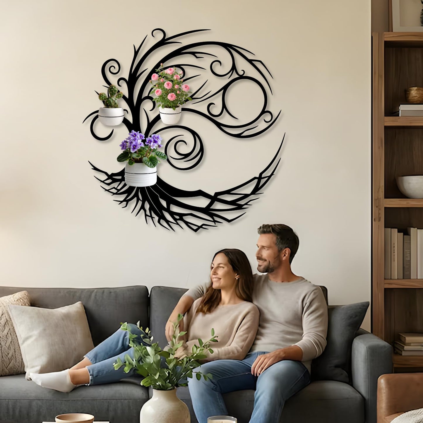 Tree of Life Metal Plant Wall Holders, Metal Tree Wall Mounted Plant Holder, Branch Hanging Planters for Living Room, Kitchen, Fireplace (Gold, 35"x 35"| 90x90cm, 3 Pack 5" Flower Pot Holder Ring)