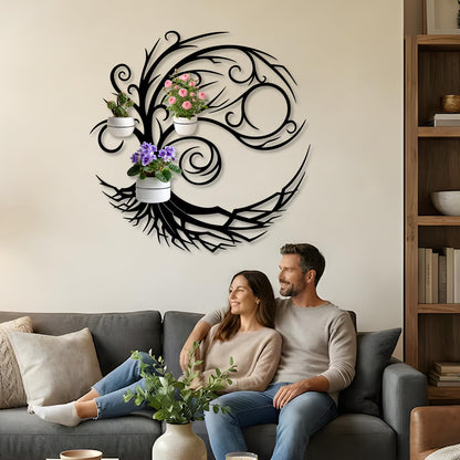 Tree of Life Metal Plant Wall Holders, Metal Tree Wall Mounted Plant Holder, Branch Hanging Planters for Living Room, Kitchen, Fireplace (Gold, 35"x 35"| 90x90cm, 3 Pack 5" Flower Pot Holder Ring)