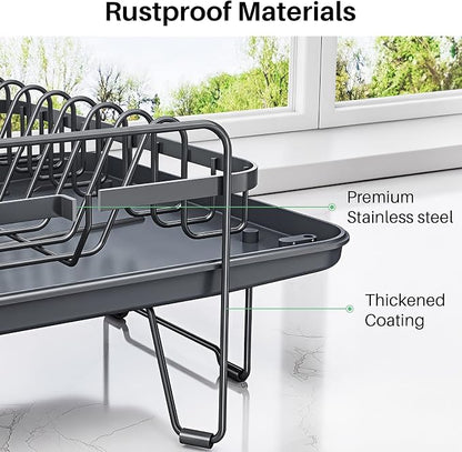 SNTD Dish Drying Rack - Large Dish Racks for Kitchen Counter, Expandable Dish Drainers with Cutlery Holder Stainless Steel Rustproof (Grey)