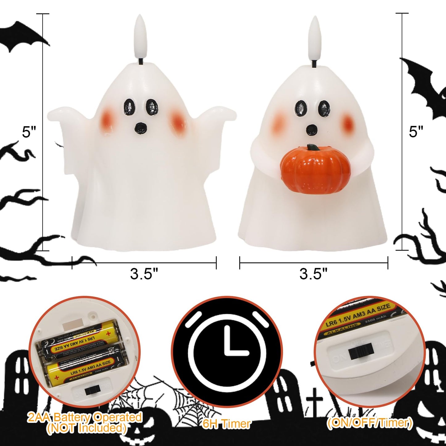 Eldnacele Spooky Ghost Halloween Flameless Candles with Timer Set of 2 Battery Operated LED Pillar Candles Ghost Light Real Wax 3D Wick Flickering Long Lasting Home Indoor Decor(3.5" D x5 H)