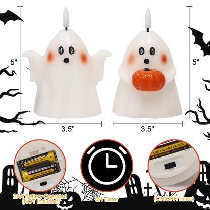 DRomance Halloween Ghost Flameless Candles with Timer Real Wax Battery Operated White LED Flickering Pillar Candles Hand Painted Looking Dinner Spooky Halloween Decor(2 Pack, 3.5" D x 5" H)