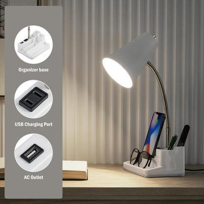 E26 Desk Lamp with 1 USB Charging Port and 1 AC Outlet, Organizer Base, Adjustable Neck, On/Off Switch, Modern Table Lamp for Reading, Working, Studying (White)