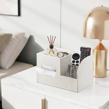 Fanousy Modern PU Leather Cube Tissue Box Cover with Storage Tray, Multifunctional Remote Control Holder & Facial Tissue Dispenser Organizer for Nightstand, Bathroom, Bedroom, Office & Home Decor
