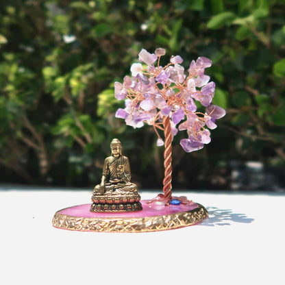 CRUCISRESIN Buddha Statue with Healing Crystal Tree, Tree of Life for Positive Energy. Home Decor Yoga Meditation. Amethyst.(A)