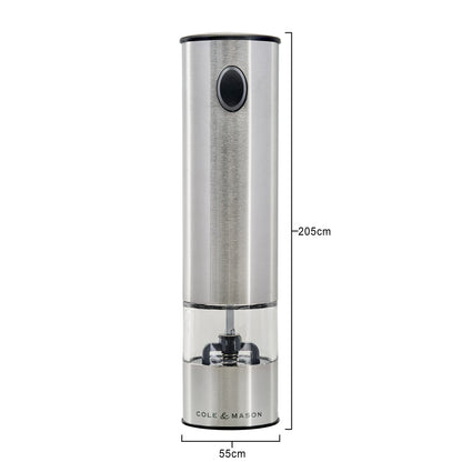 Cole & Mason Battersea Electronic Salt & Pepper Mill - One-Button Salt & Pepper Grinder - Refillable & Adjustable Salt & Pepper Shakers - Kitchen Accessories - Stainless Steel - 1 Pack