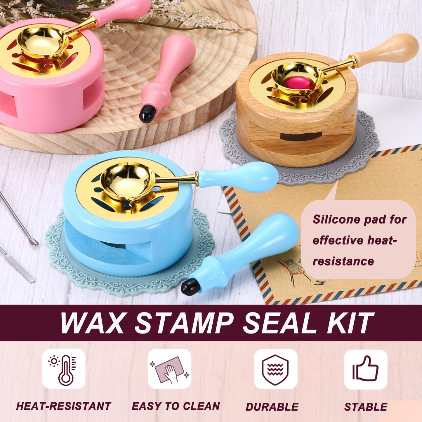 PATIKIL Wax Stamp Seal Kit Include Sealing Warmer, Melting Spoon, Silicone Pad, Stamp Handle, Retro Melt Stove Pot Furnace Tool for Envelope Letter Mailing Crafts DIY, Dark Blue/Sky Blue