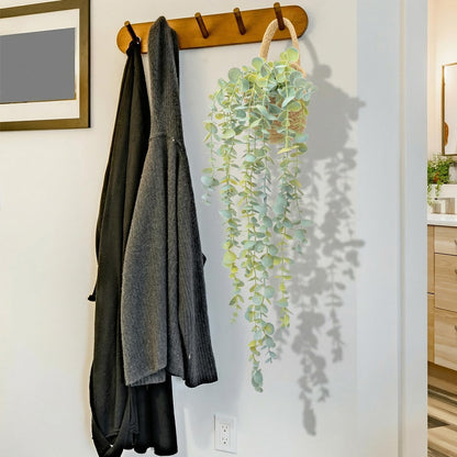 HOFMEFY Fake Hanging Plant Decor Indoor, Eucalyptus Artificial Faux Plants in Wall Woven Planters, Jute Hanger with Black Pot Soft Green 1PCS 23Inch Long