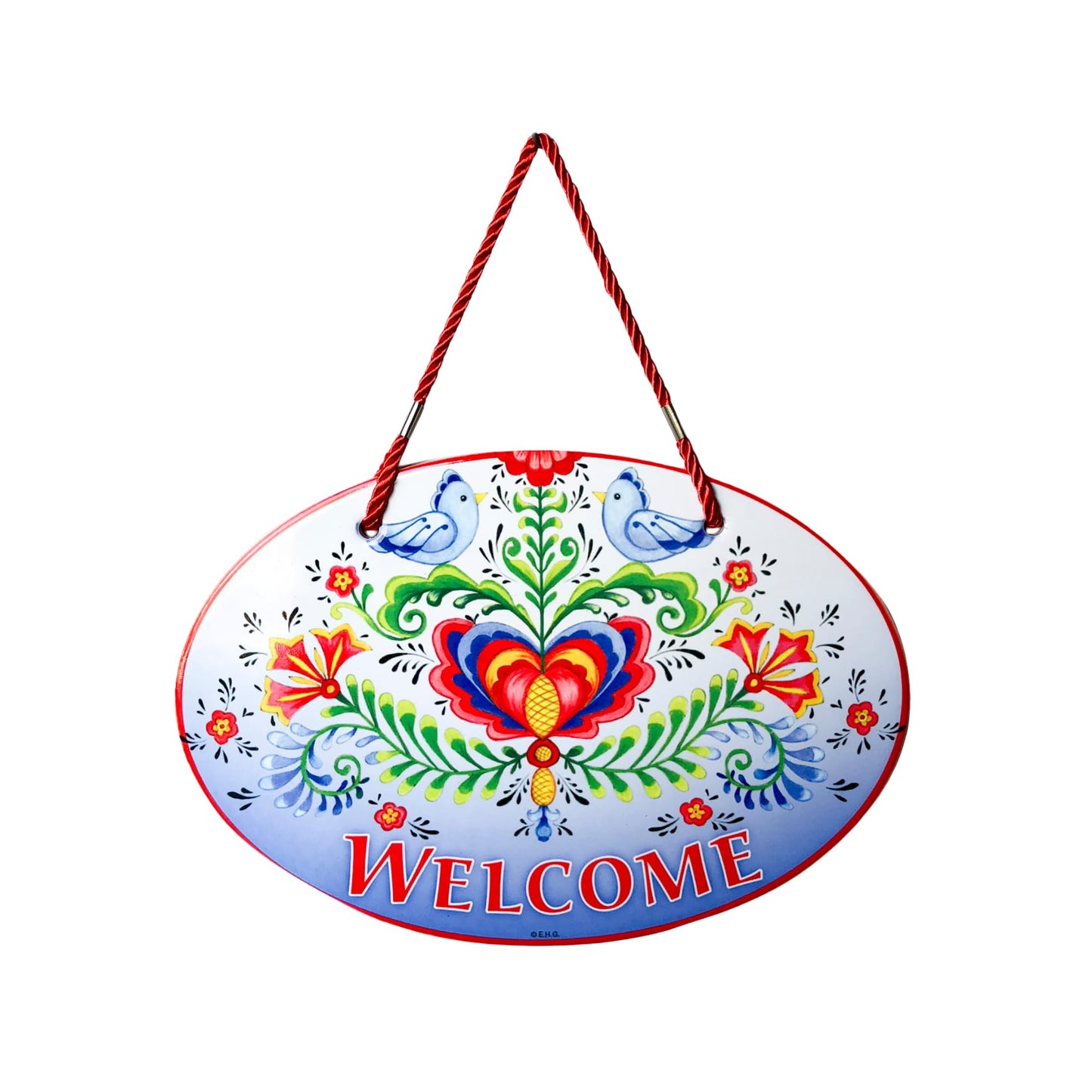 "Welcome Friends" with Attractive Lovebirds & Rosemaling Motif Welcome 11x8" Ceramic Door Sign by E.H.G.