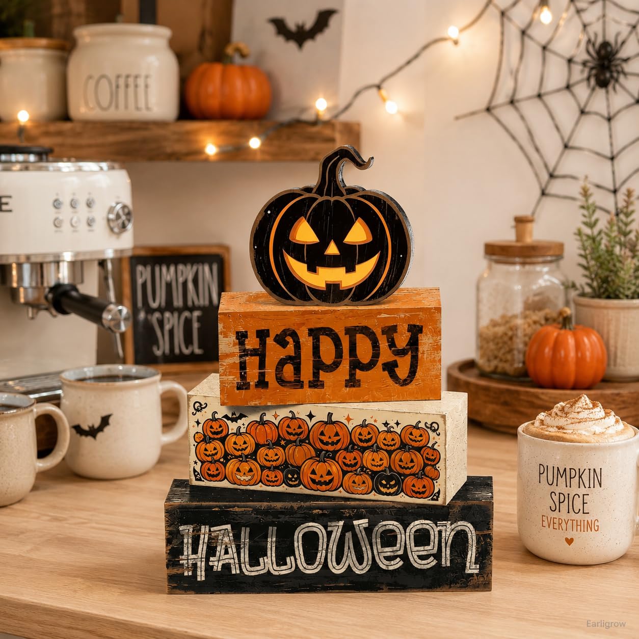 4 Pcs Halloween Tiered Tray Decor, Farmhouse Rustic Wooden Block Signs with Scary Jack-O-Lantern, Happy Halloween Pumpkin Tabletop Centerpiece for Home Kitchen Mantel Shelf