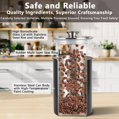 malmo Stainless Steel Food Canister Set of 4-Piece, 16/49/85/132 Ounces,Airtight Containers with Glass Lid for Tea,Coffee,Sugar,Flour,Pantry Kitchen Storage Storeroom Counter (Black)