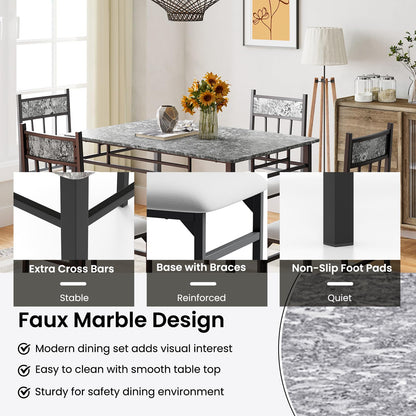 NAFORT 5 Piece Dining Table Set for 4, Faux Marble Kitchen Table and Chairs Set of 4, Vintage Rectangular Dining Room Table with Cushion Padded Seat, Metal and Wood Dining Set Kitchen Furniture, Grey