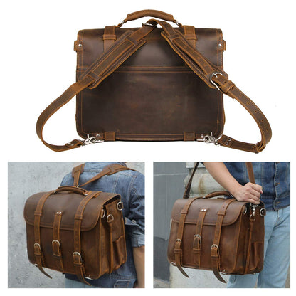 Augus Leather Messenger Bag for Men Briefcase Travel Backpack Shoulder Bag Fit 17'' Laptop