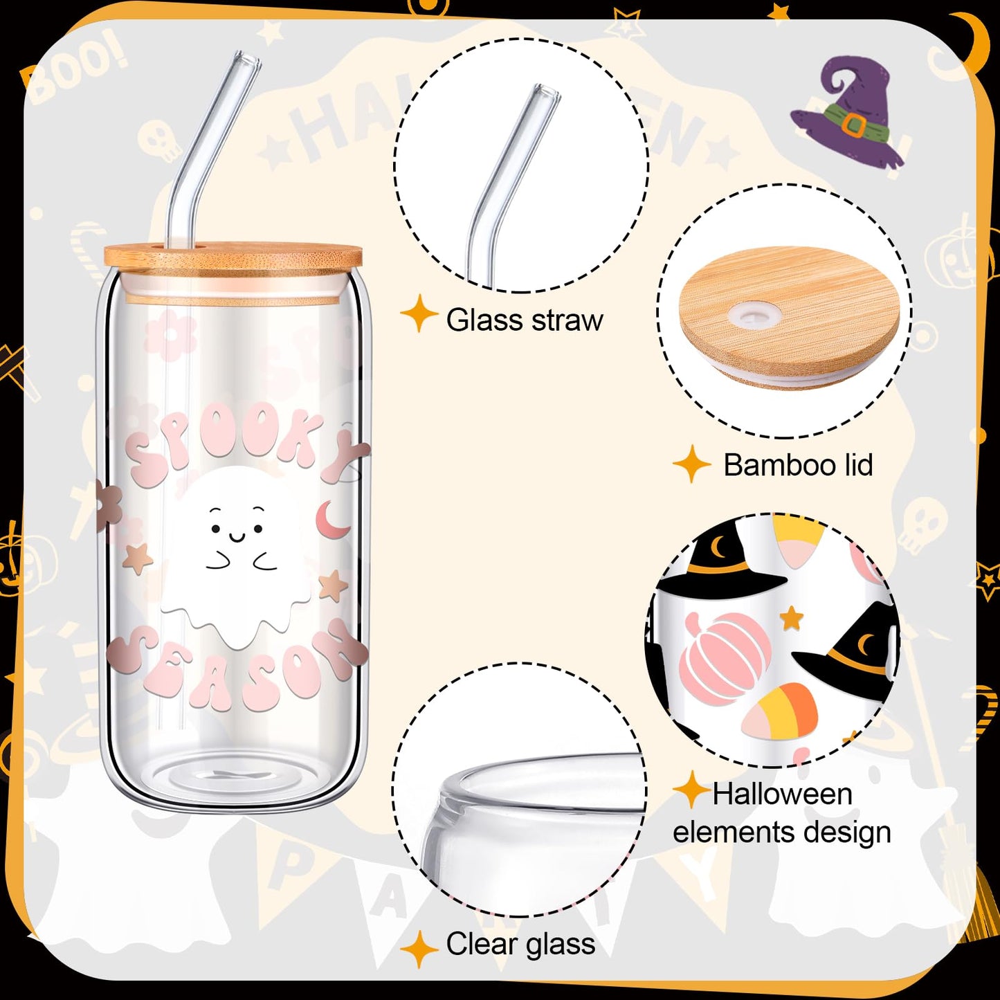 RimCereal 6 Pcs Pastel Pink Ghost Halloween Cup Bulk 16 oz Ghost Glass Mugs with Bamboo Lid and Straw Cute Spooky Skull Iced Coffee Can Tumbler Cute Halloween Stuff Gifts for Women Men Party Favors