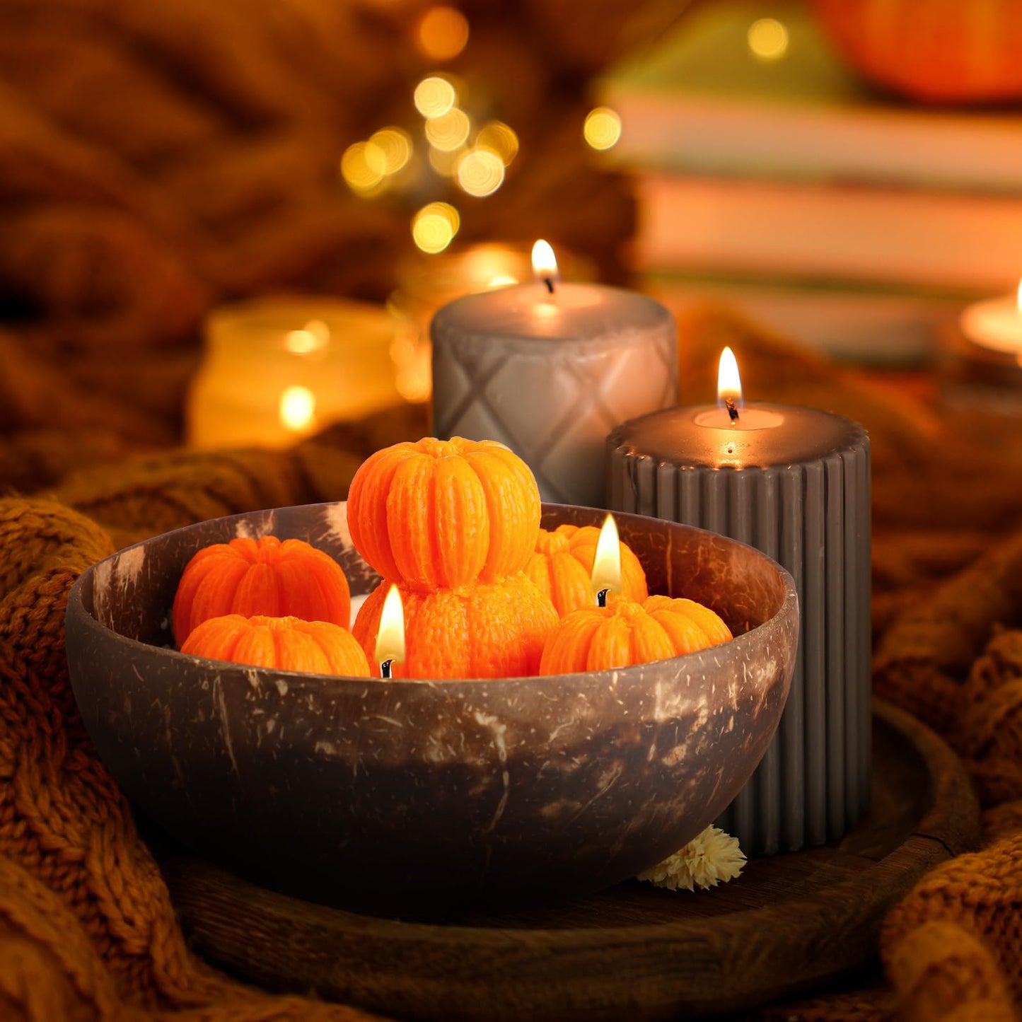 Conelist 2 Pcs Thanksgiving Scented Candle 5.9'' Fall Autumn Pumpkin Candle Decoration Spice Soy Wax Scented Coconut Bowl Tables Decor for Home Bedroom Bathroom Holiday Farmhouse Party Gift