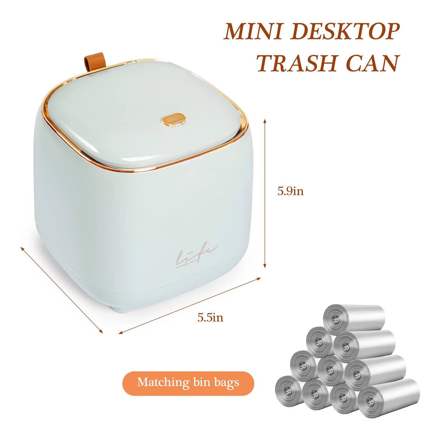 BITOSEE Mini Countertop Trash Can with 10 Rolls of Trash Bags, Waste Can with Press Type Lid, Desktop Trash Can Applicable for Bathroom Vanity,Coffee Table,Offices,Waste Basket (Trash Can-Blue)