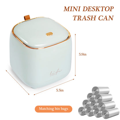 BITOSEE Mini Countertop Trash Can with 10 Rolls of Trash Bags, Waste Can with Press Type Lid, Desktop Trash Can Applicable for Bathroom Vanity,Coffee Table,Offices,Waste Basket (Trash Can-Blue)