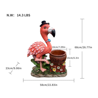 UNOIRNM Flamingo Welcome Planter Garden Statue - with Top Hat & Blue Bowtie – Lifelike 26.8” Tall, Weather-Resistant Resin – Perfect for Outdoor Lawn, Patio, & Porch Décor – Black top hat