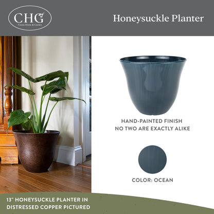 Classic Home and Garden by Growscape Honeysuckle Resin Planters - Lightweight Indoor & Outdoor Plant Pots - UV-Resistant Plastic Flower Pots - Pot Planters for Flowers & Herbs (15" Ocean Blue)