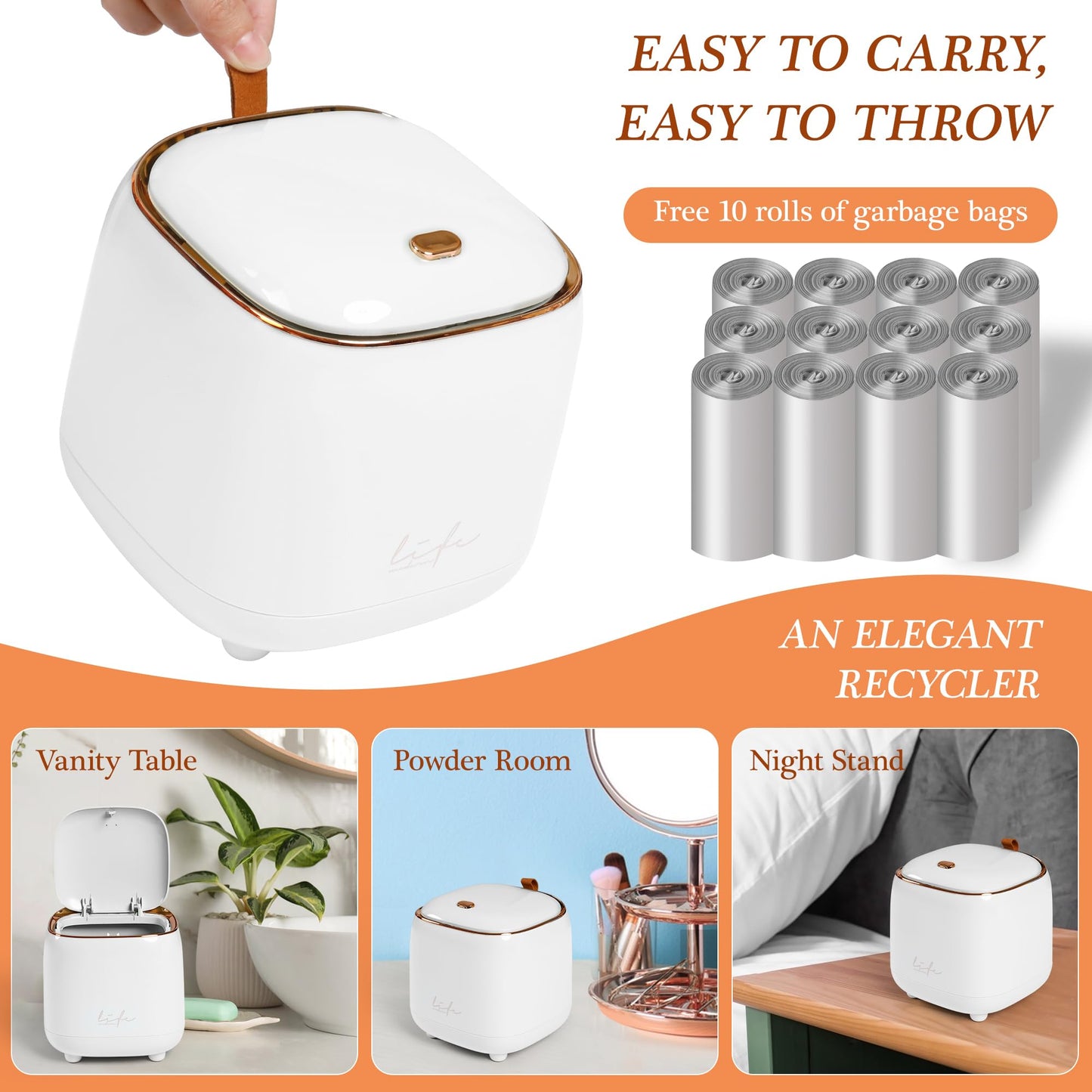 PANDENNER Mini Countertop Trash Can with 10 Rolls of Trash Bags,Tiny Desk Trash Cans with Press Type Lid, Desktop TrashCan Applicable for Bathroom Vanity Home Office (White)