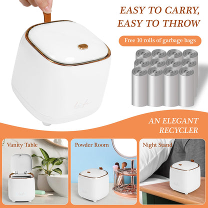 PANDENNER Mini Countertop Trash Can with 10 Rolls of Trash Bags,Tiny Desk Trash Cans with Press Type Lid, Desktop TrashCan Applicable for Bathroom Vanity Home Office (White)