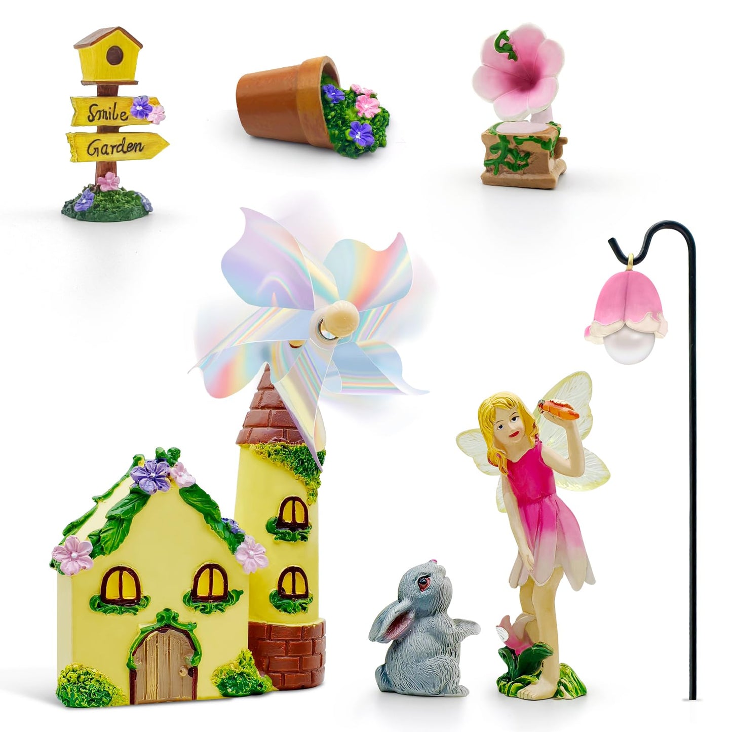 DONABELA Fairy Garden Kit Pink Mini Windmill House Decor Set Rabbit Flower Pot Supplies Signpost CD Player Resin Figurines Accessories Gift Indoor Outdoor Yard