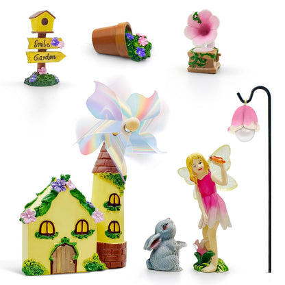 DONABELA Fairy Garden Kit Pink Mini Windmill House Decor Set Rabbit Flower Pot Supplies Signpost CD Player Resin Figurines Accessories Gift Indoor Outdoor Yard