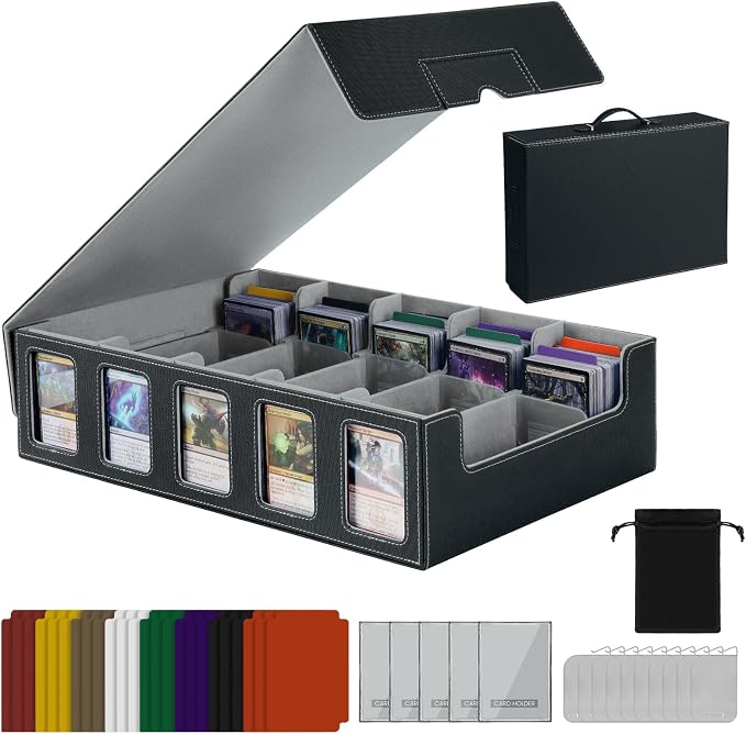 Trading Card Storage Box with Handle, 5-Row Portable Leather Game Case for 4000+ Cards,Grey Card Collection Box with Commander Display Window for MTG, Yugioh, and Sports Cards Gifts for Card Collector